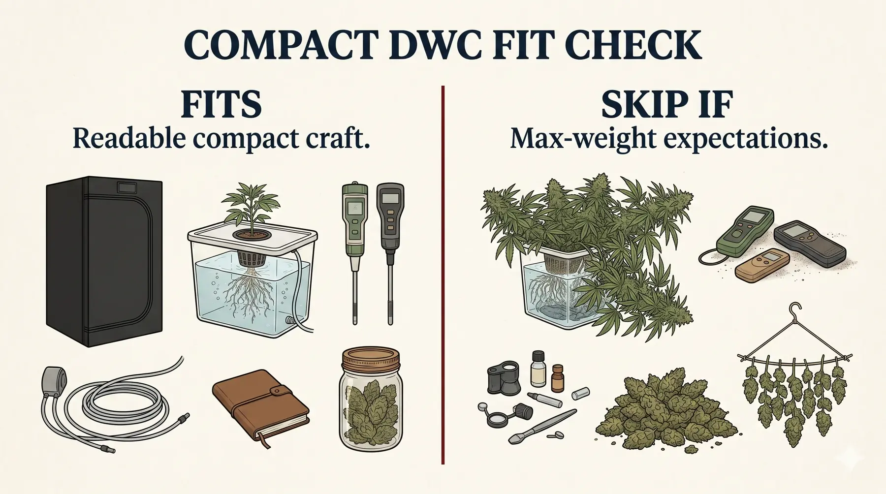 Compact grow cabinet fit-check board showing plant height, branch spread, access path, and reservoir readability for cultivar selection.