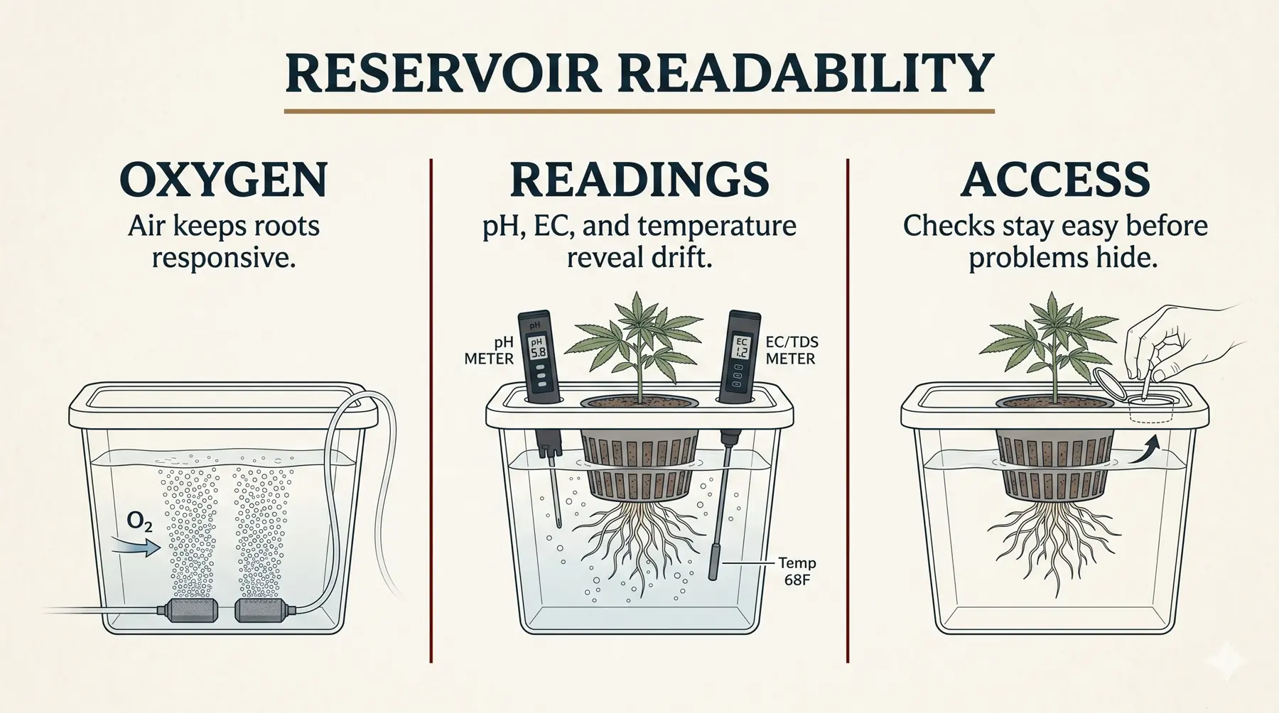 Compact DWC cabinet panel showing reservoir readability, service access, and why a contained enclosure suits a fixed hydro workflow.