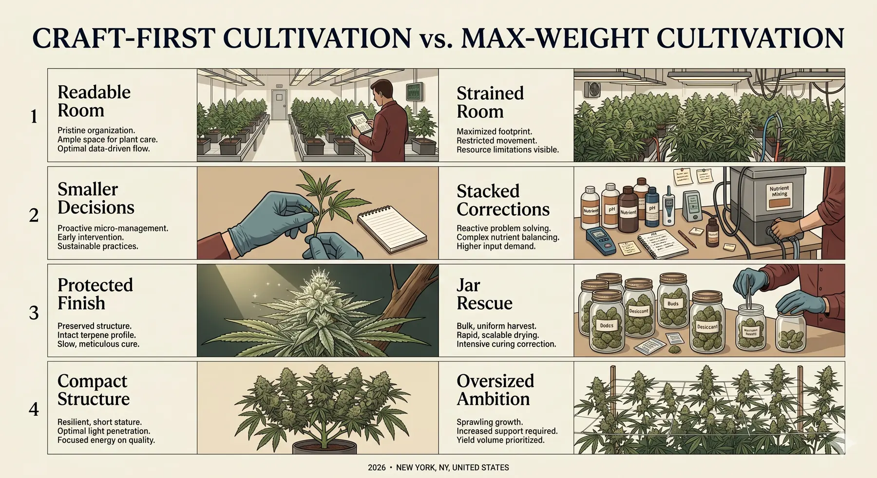 Comparison board showing craft-first cultivation versus max-weight cultivation.