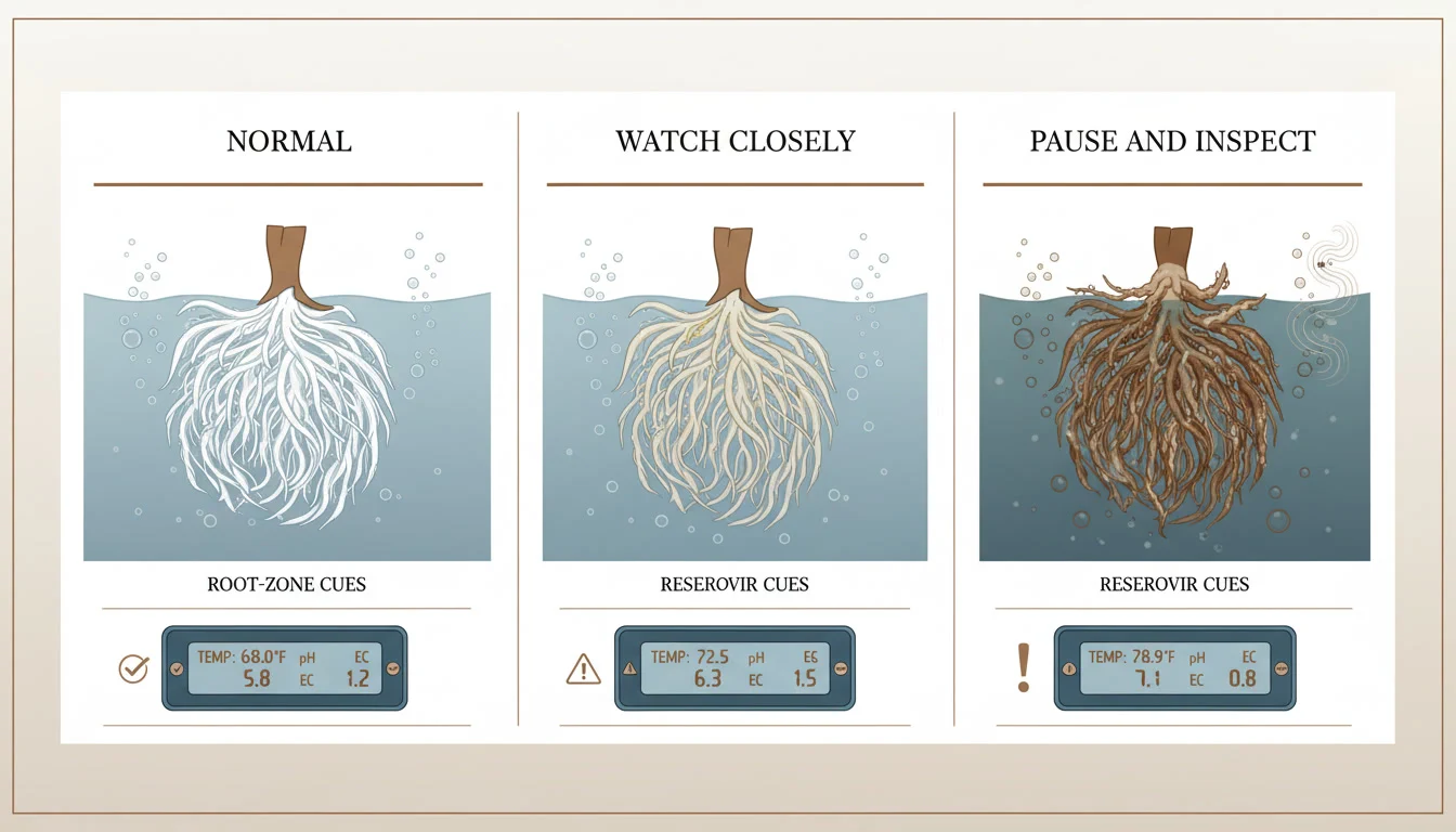 Three-state comparison board for DWC root zones showing normal, watch closely, and pause and inspect conditions.