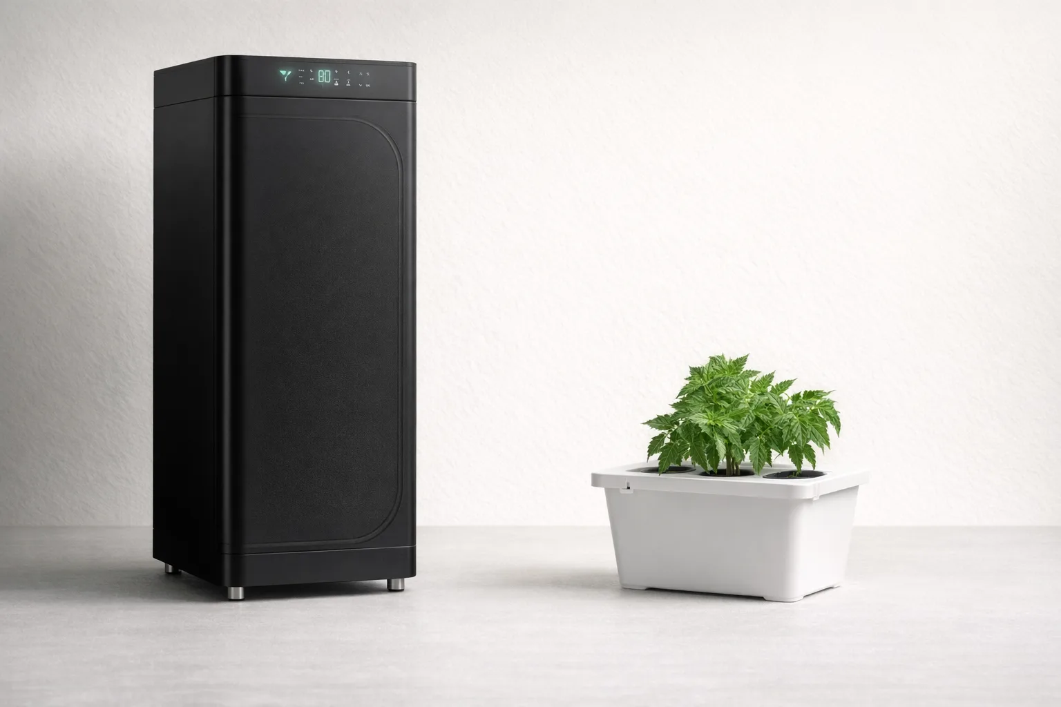 Compact grow cabinet beside a DWC reservoir with a young cannabis plant, representing the flagship equipment stack.