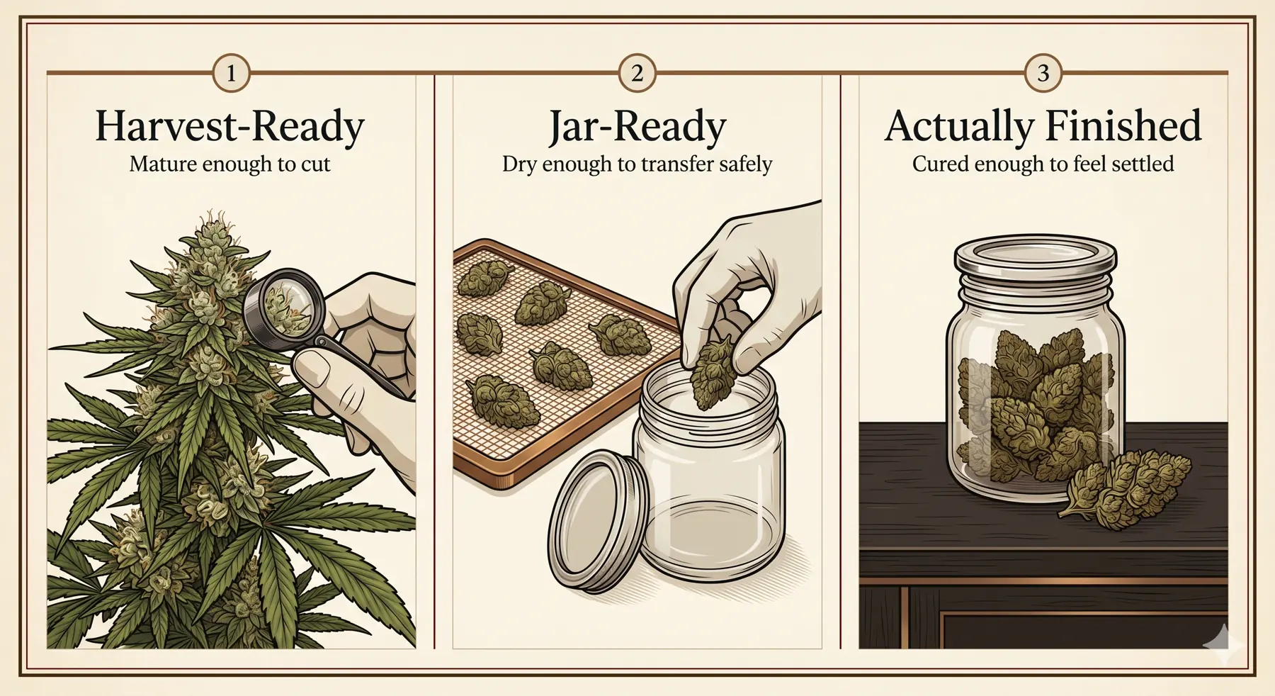 Timeline board showing the difference between harvest-ready, jar-ready, and actually finished cannabis flower.