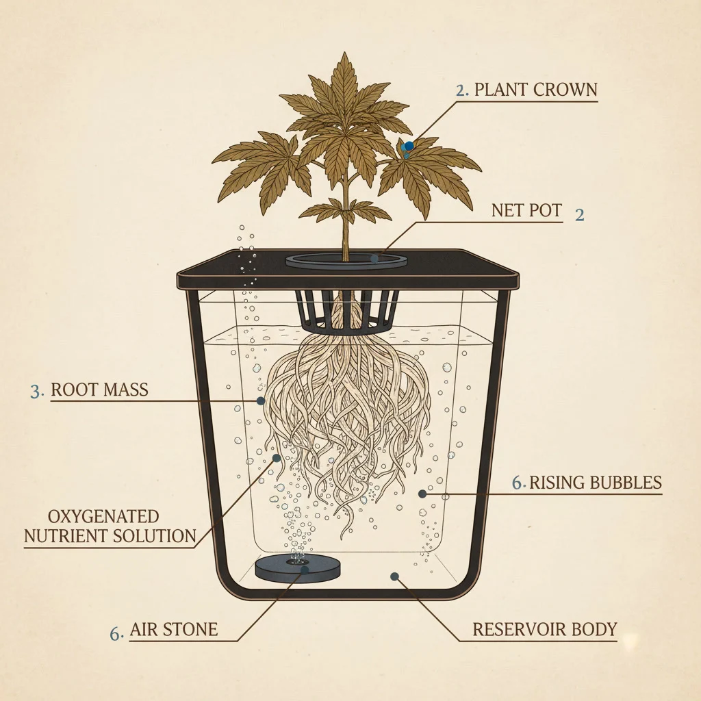 Cutaway view of a compact DWC reservoir showing cannabis roots, oxygen bubbles, nutrient solution, and the root crown above the water line.