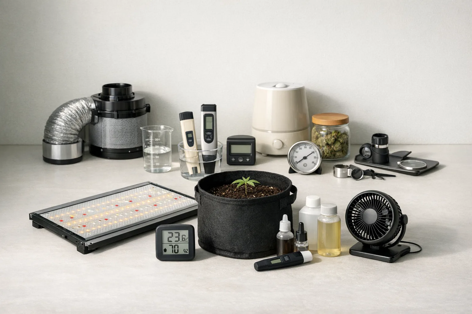 Small cannabis grow buying priority stack showing required setup pieces first, helpful tools second, and optional upgrades last.