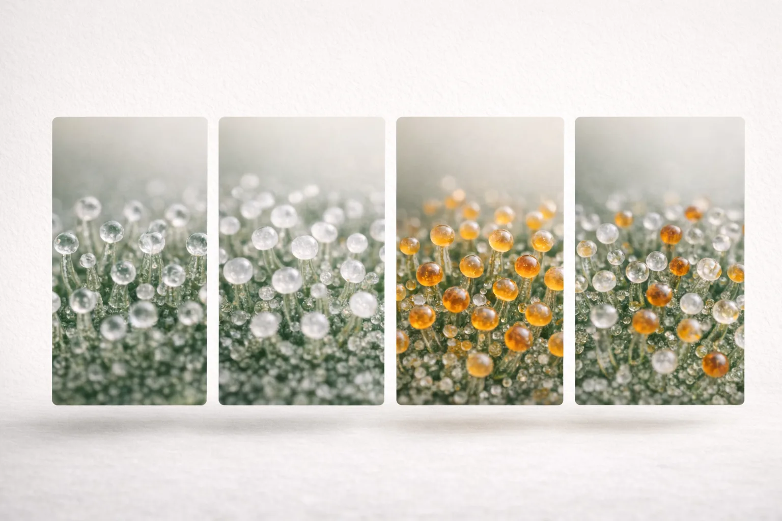 Comparison board showing clear, cloudy, amber, and mixed trichome inspection states.
