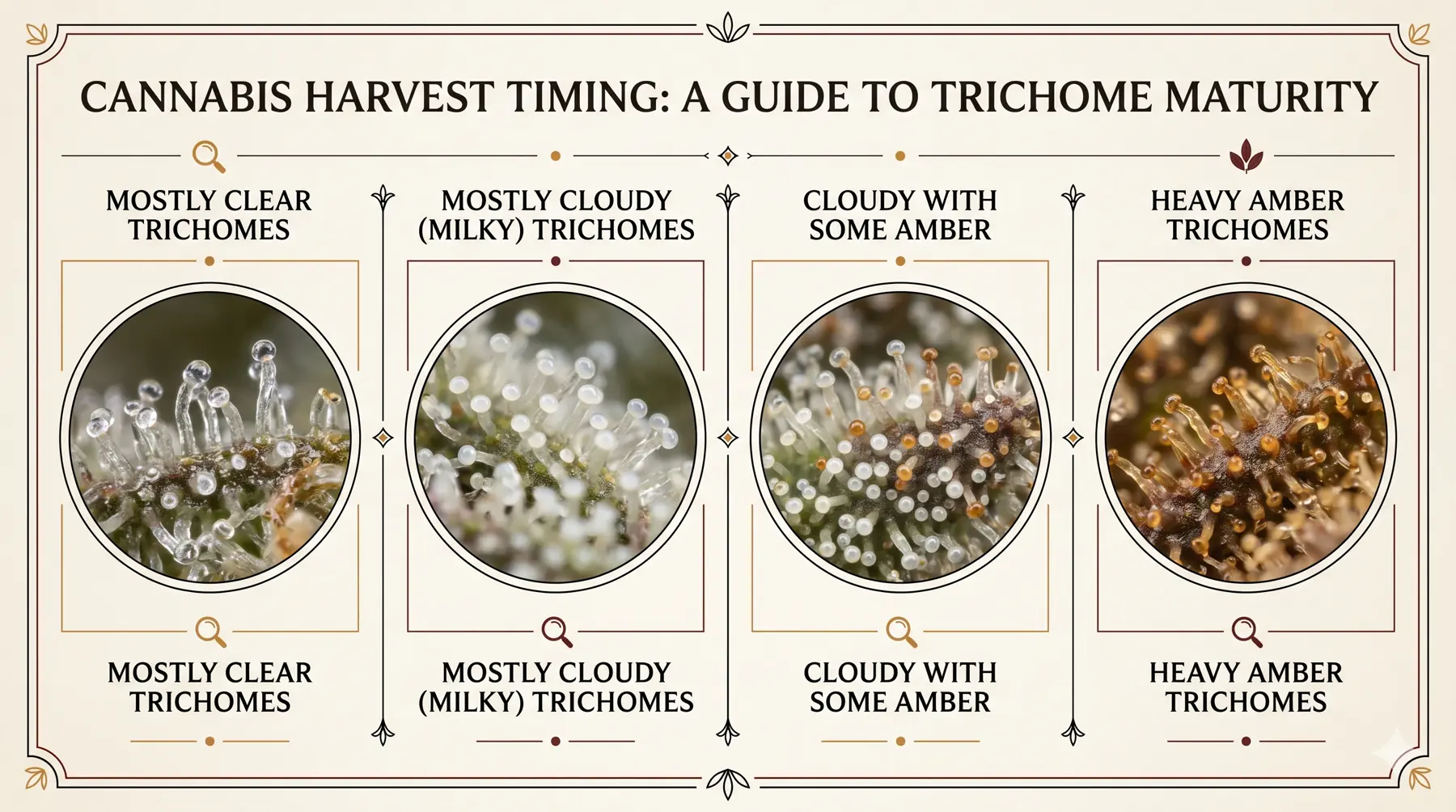 Harvest timing chart comparing mostly clear, mostly cloudy, cloudy with some amber, and heavier amber trichome patterns.