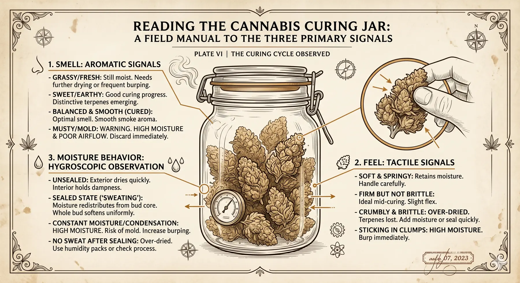Dry-to-cure handoff diagram showing cannabis buds moving from drying checks into jar-ready status with notes for compact small-batch workflow.
