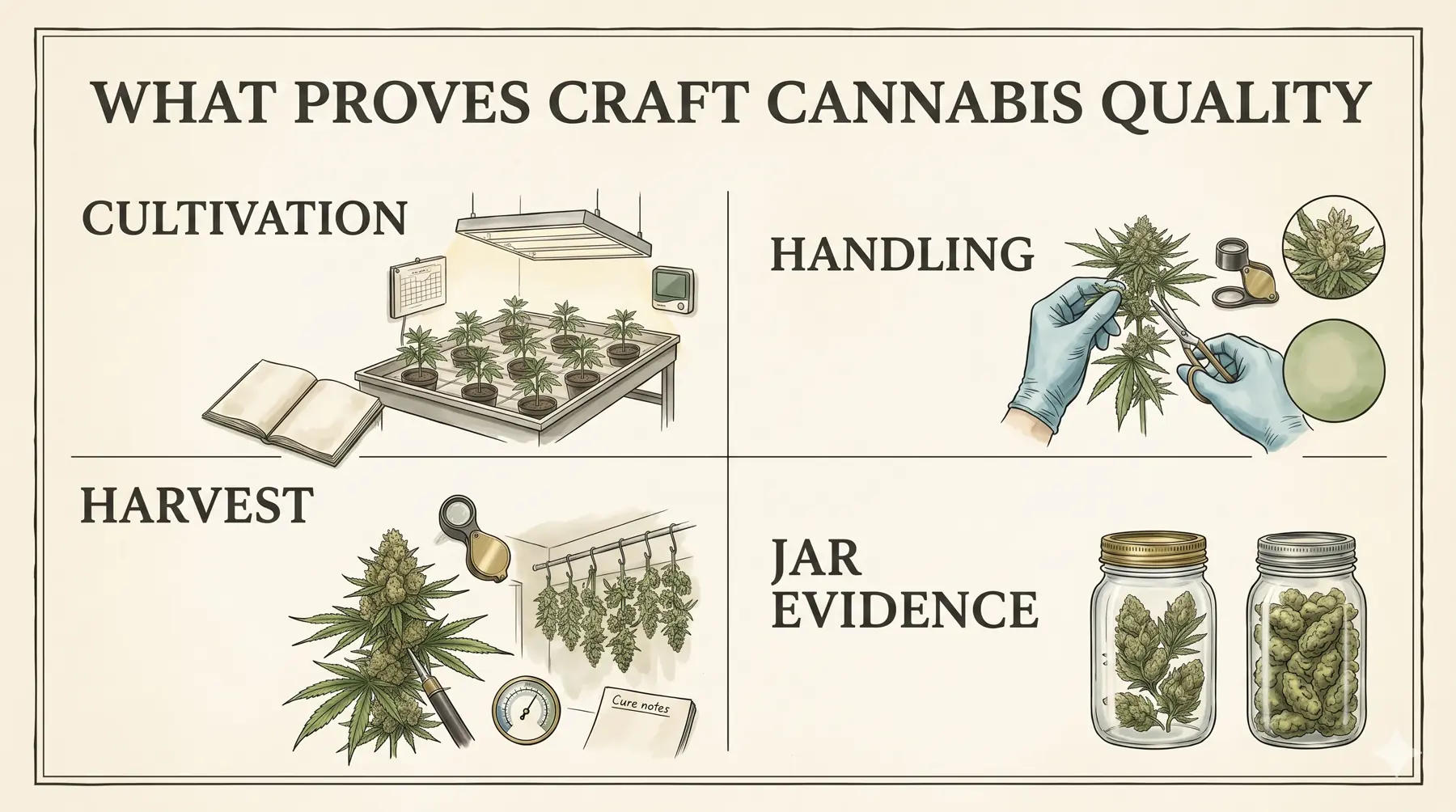 Field guide board showing cultivation, handling, harvest, and jar evidence as the four proof signals for craft cannabis quality.