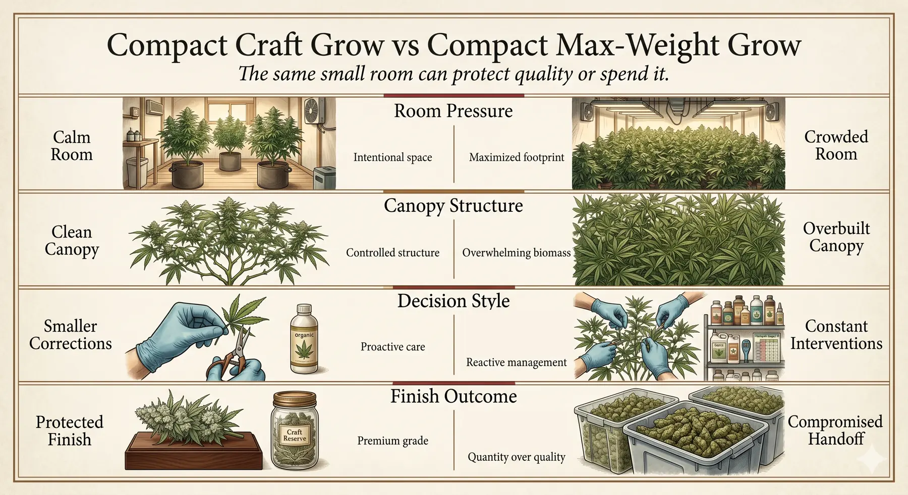 Comparison board contrasting a compact craft cannabis grow with an oversized canopy plan that overwhelms the small-space workflow.